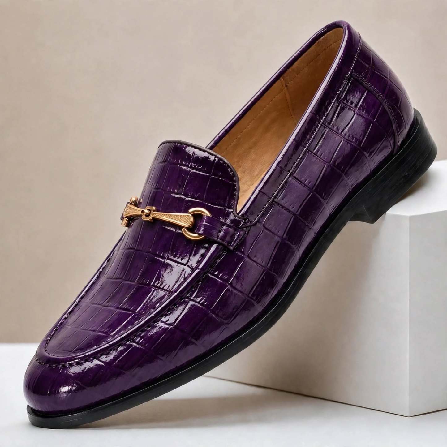 Men’s Crocodile Embossed Loafers with Gold Buckle – Multi-Color Dress Shoes