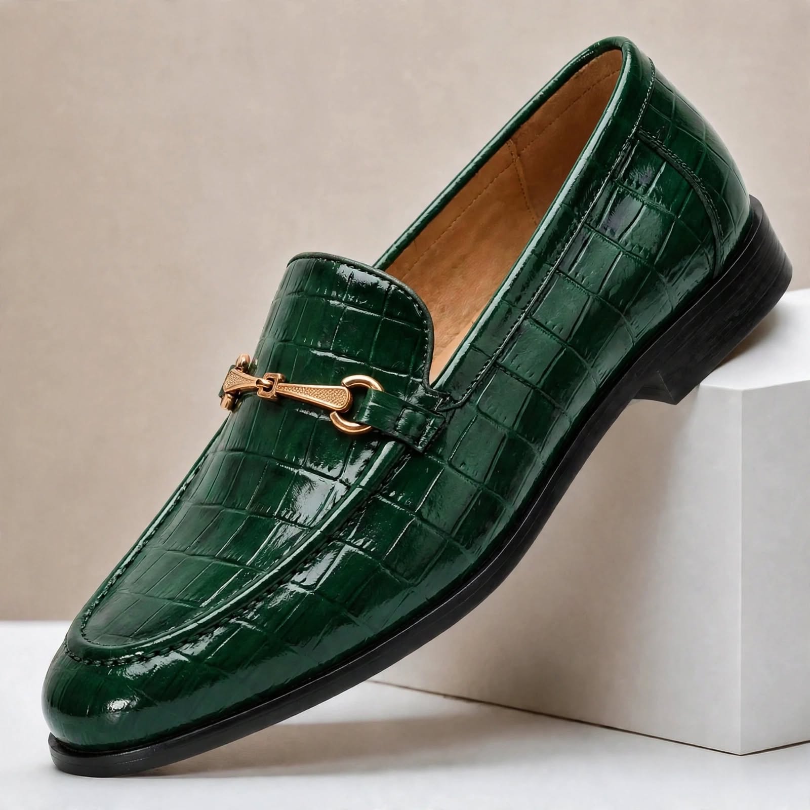 Men’s Crocodile Embossed Loafers with Gold Buckle – Multi-Color Dress Shoes