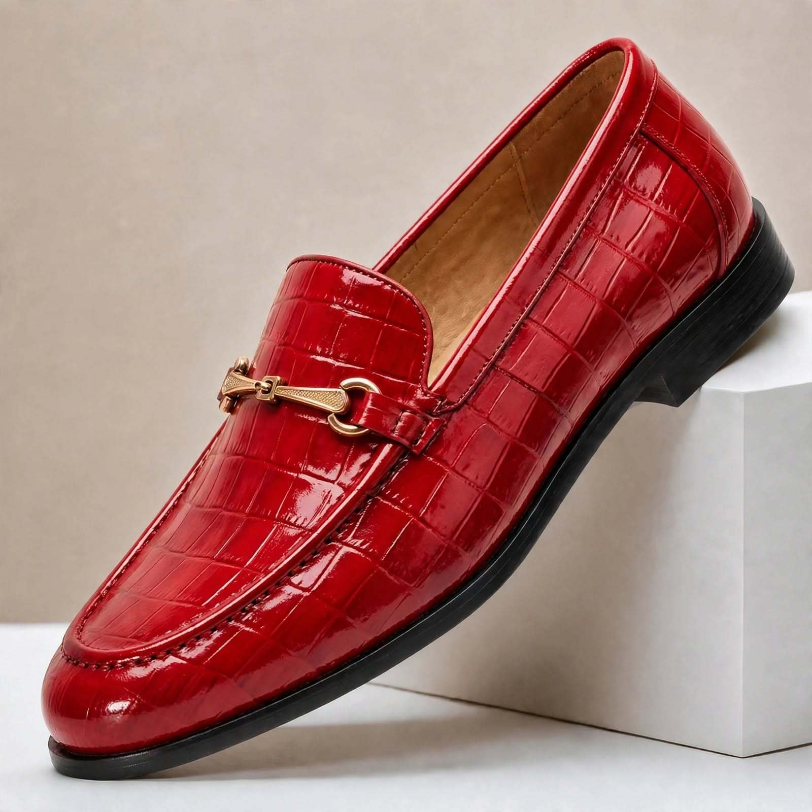Men’s Crocodile Embossed Loafers with Gold Buckle – Multi-Color Dress Shoes