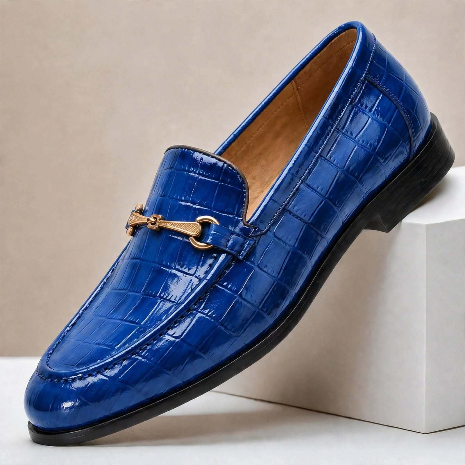 Men’s Crocodile Embossed Loafers with Gold Buckle – Multi-Color Dress Shoes