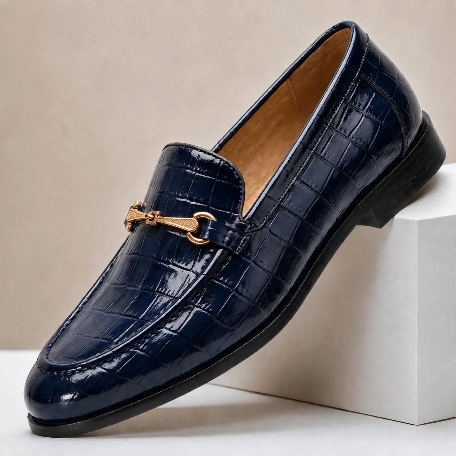 Men’s Crocodile Embossed Loafers with Gold Buckle – Multi-Color Dress Shoes