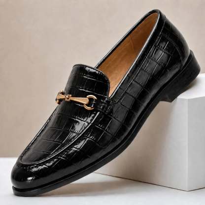 Men’s Crocodile Embossed Loafers with Gold Buckle – Multi-Color Dress Shoes