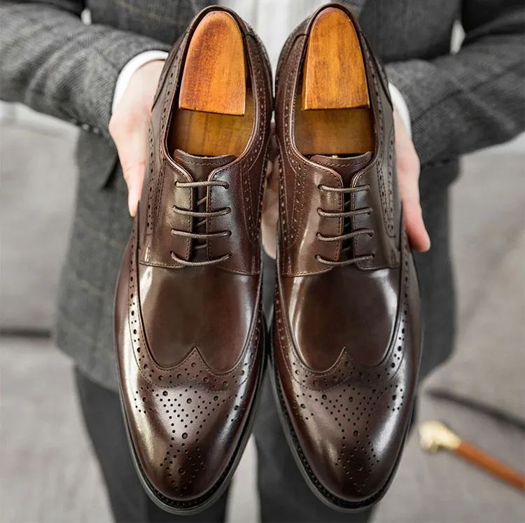 New British style men's genuine leather shoes carved brogues