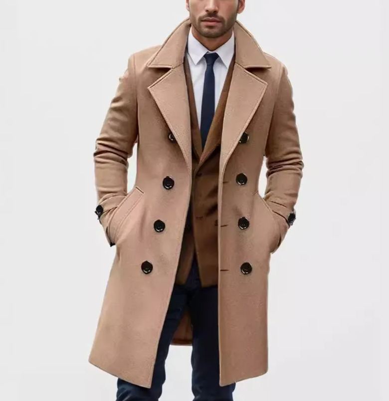 2024 foreign trade autumn and winter high-quality thickened cross-border medium and long double-breasted men's woolen coat slim fit coat European size