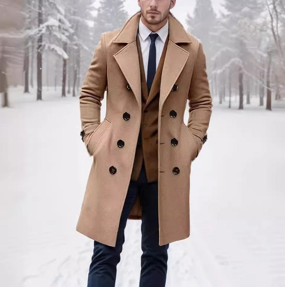 2024 foreign trade autumn and winter high-quality thickened cross-border medium and long double-breasted men's woolen coat slim fit coat European size