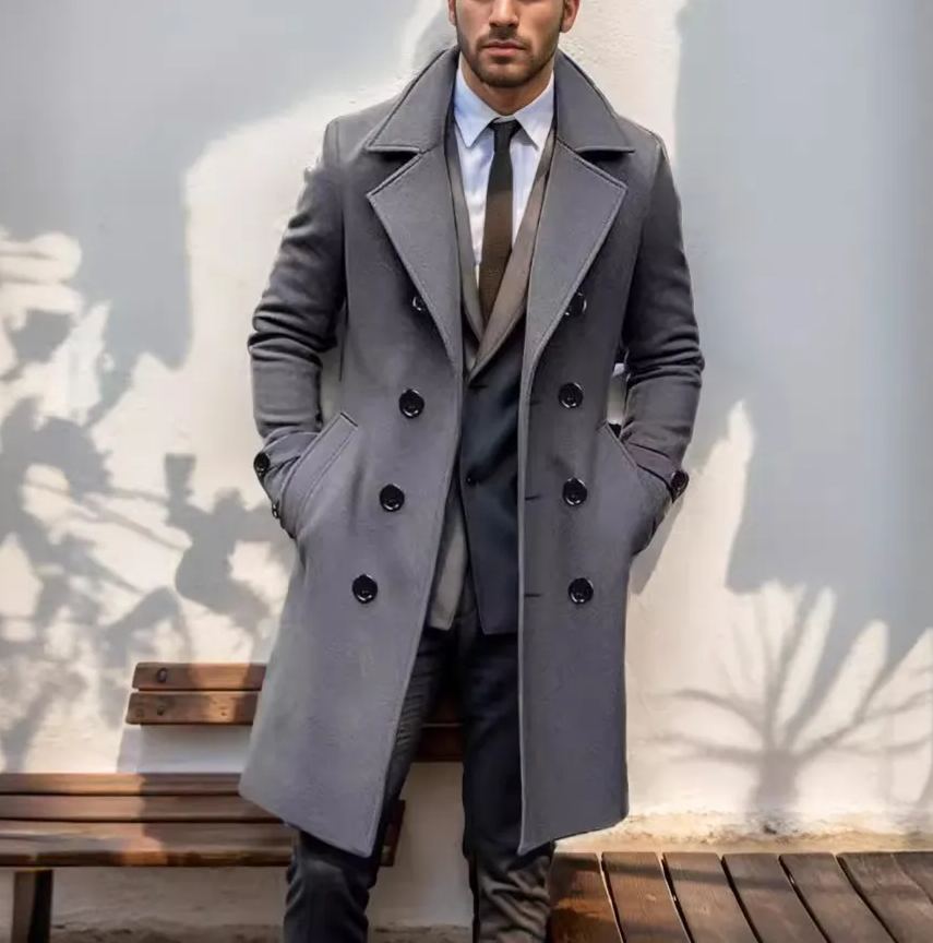 2024 foreign trade autumn and winter high-quality thickened cross-border medium and long double-breasted men's woolen coat slim fit coat European size