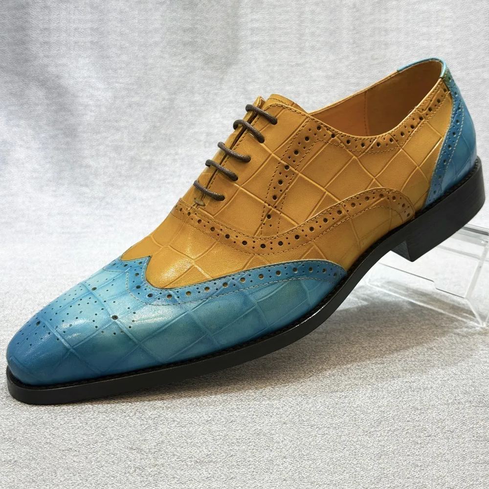 European fashion wedding shoes men's formal shoes first layer cowhide color matching lace-up Oxford shoes business office men's shoes