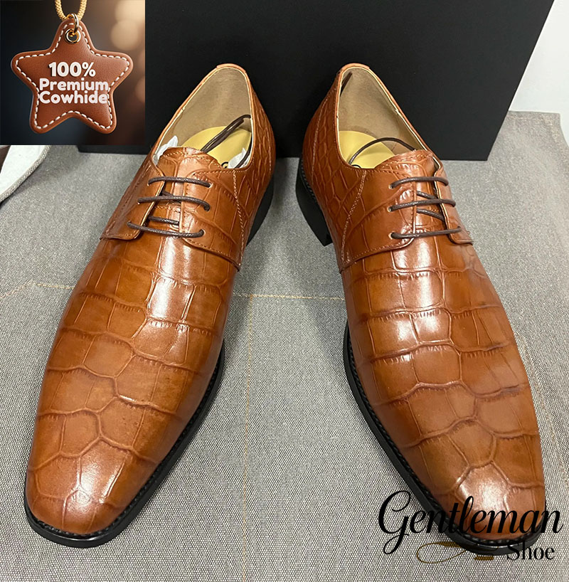 2025 new men's brown crocodile leather derby shoes