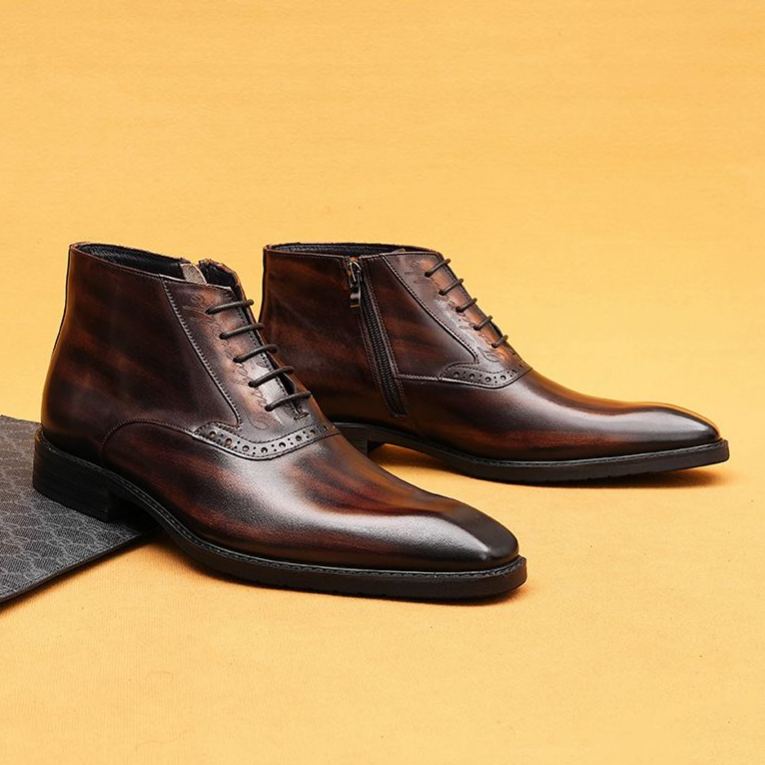 Men's genuine leather decorative zip dress short boots