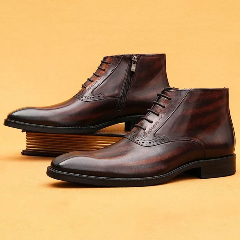 Men's genuine leather decorative zip dress short boots