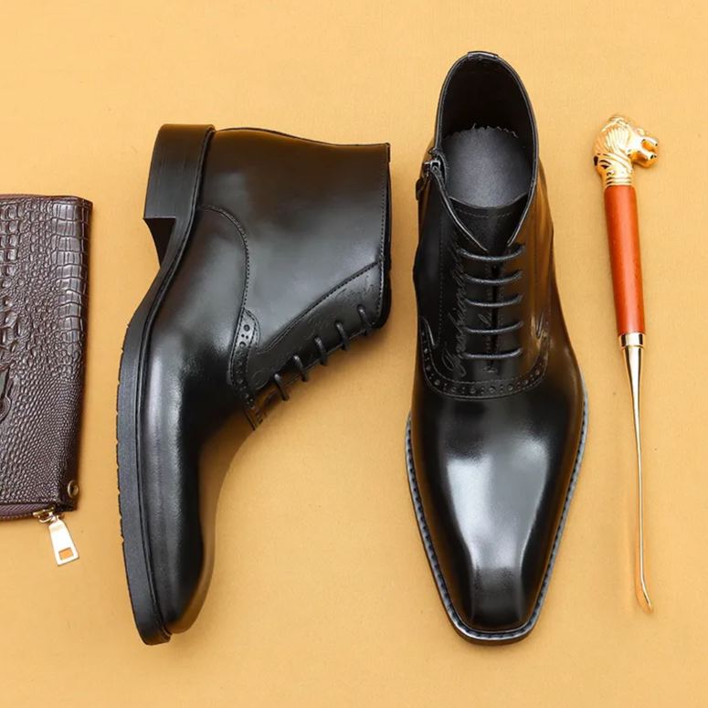 Men's genuine leather decorative zip dress short boots