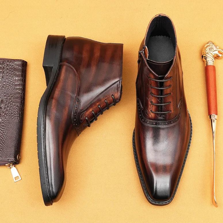 Men's genuine leather decorative zip dress short boots