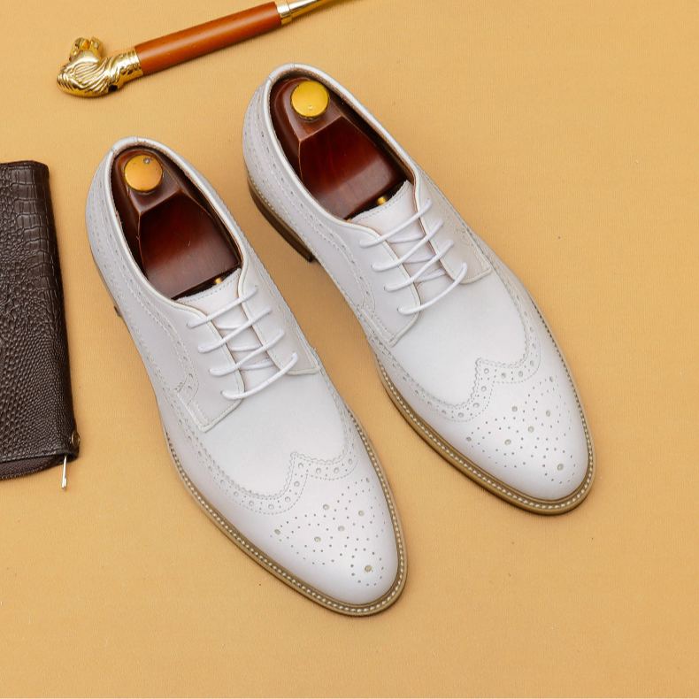 Men's White Leather Brogue Dress Shoes