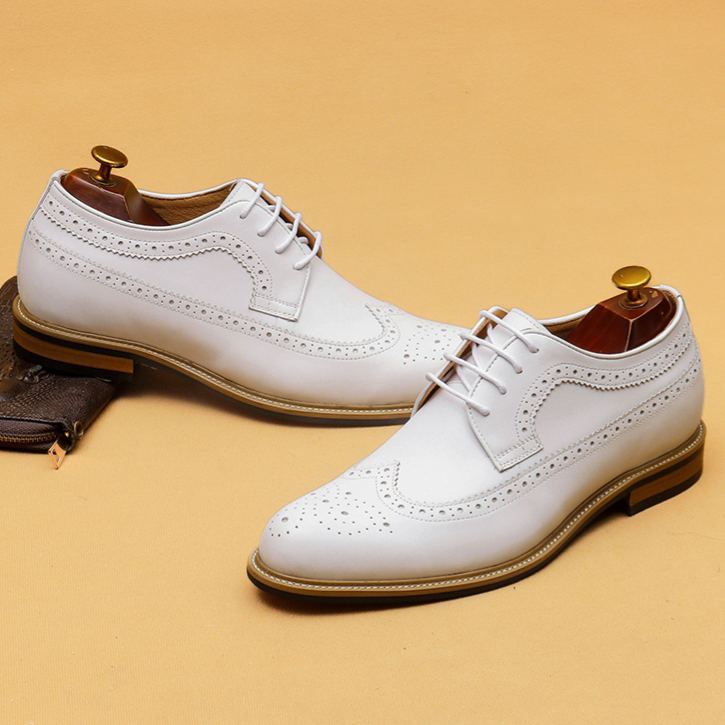 Men's White Leather Brogue Dress Shoes
