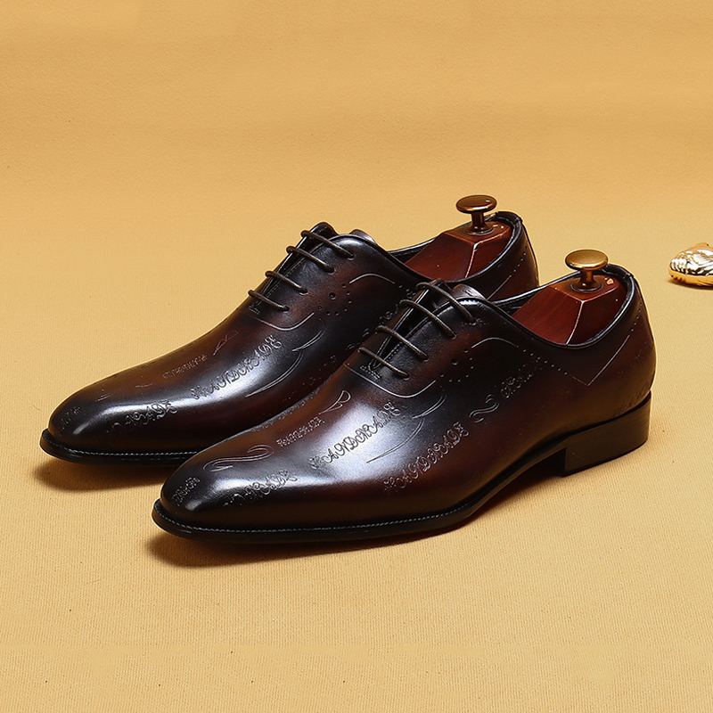 Men's Full-Grain Leather Formal Pointed-Toe Letter-Printed Oxford Shoes