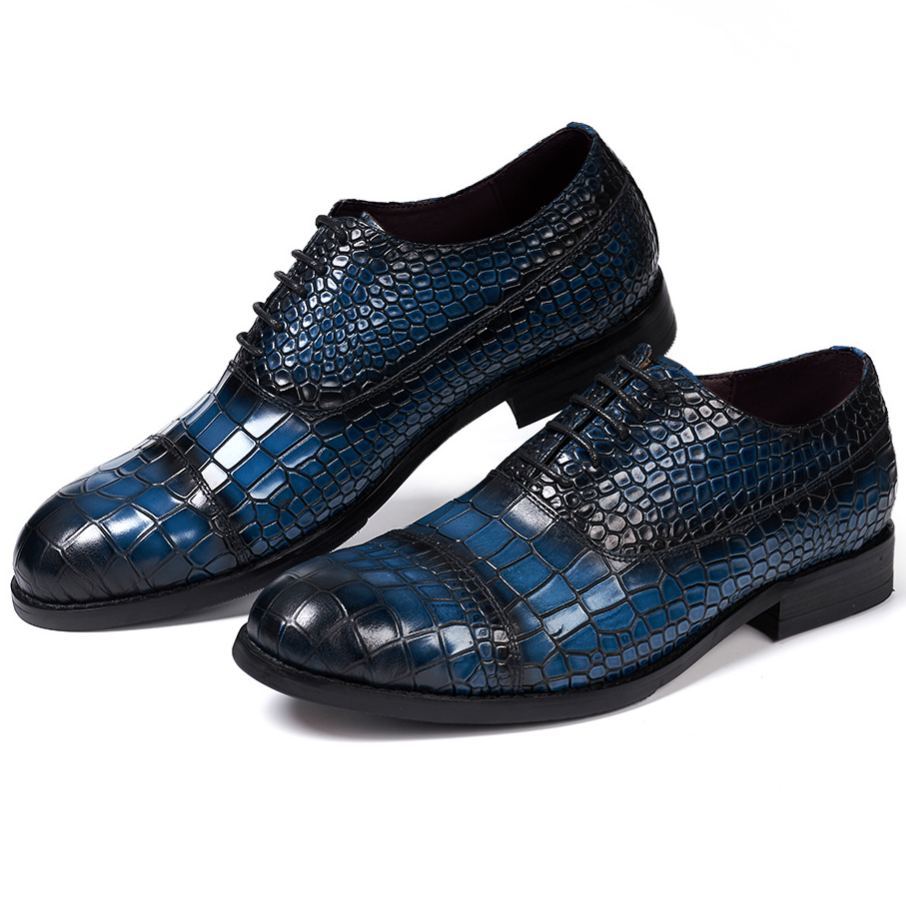 Men's Blue Crocodile Embossed Leather Oxford Shoes