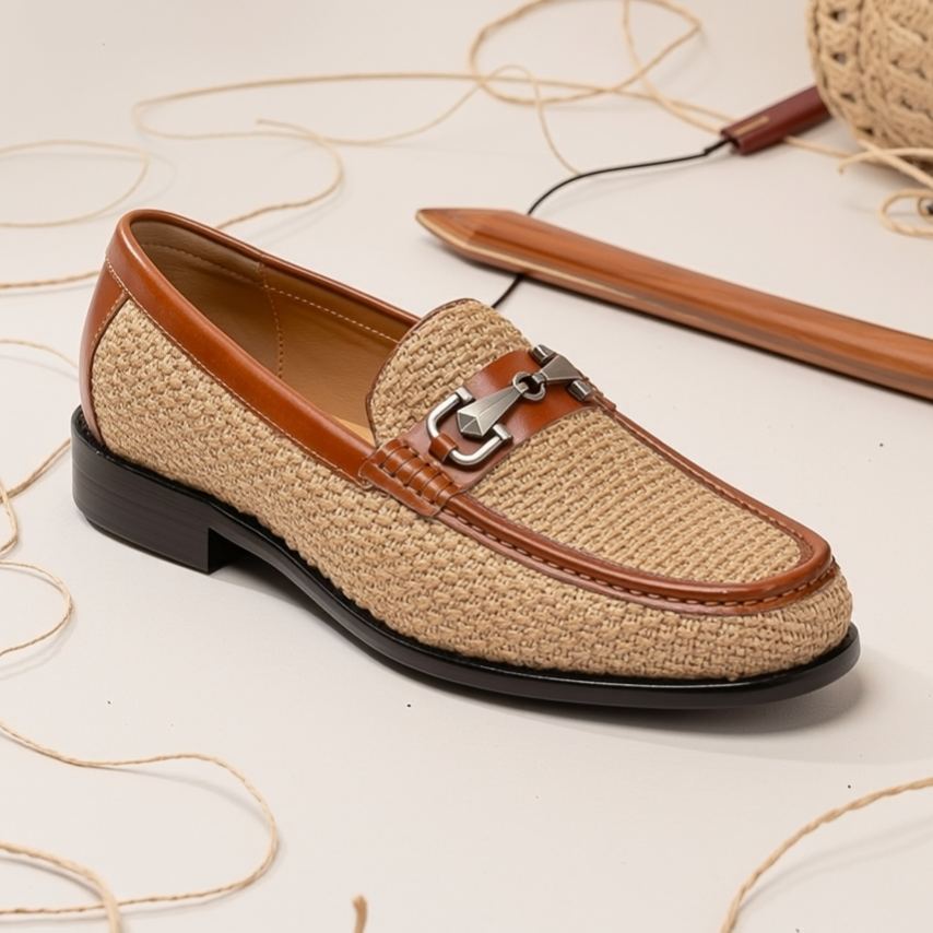 Men's brown leather-panelled horsebit loafers