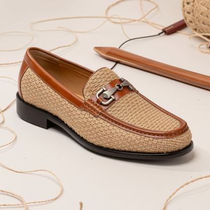 Men's brown leather-panelled horsebit loafers