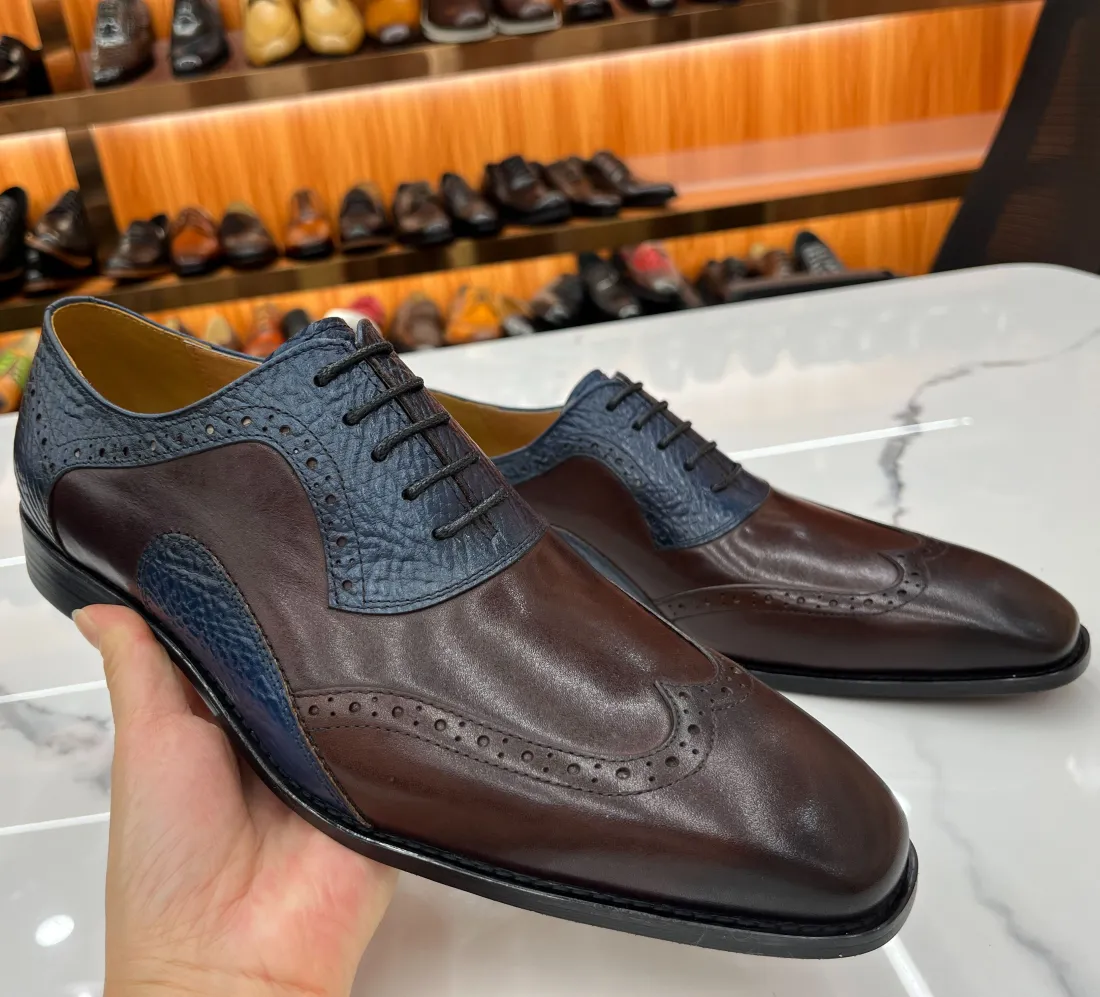 GENTLEMAN-Men's brown and blue leather stitching casual leather shoes