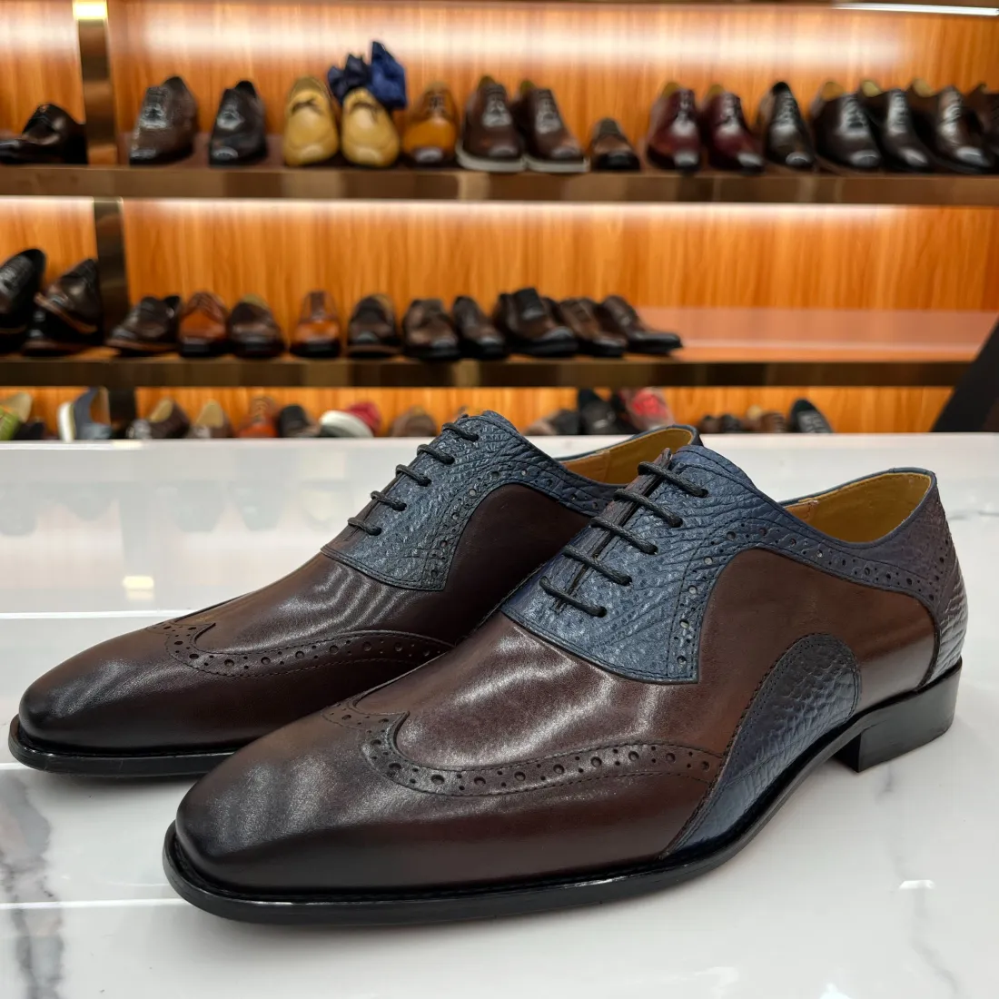 GENTLEMAN-Men's brown and blue leather stitching casual leather shoes