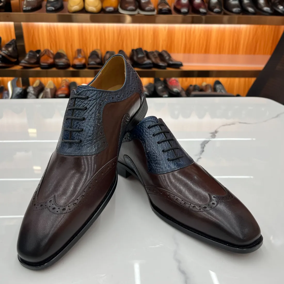 GENTLEMAN-Men's brown and blue leather stitching casual leather shoes