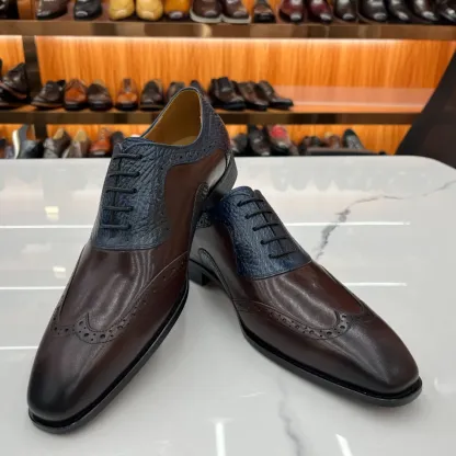 GENTLEMAN-Men's brown and blue leather stitching casual leather shoes