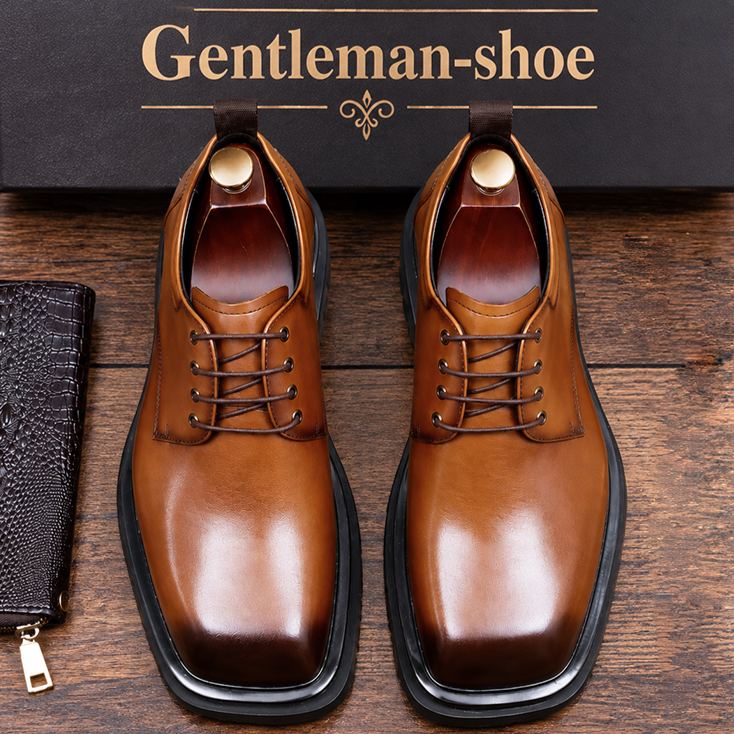 Men's Genuine Leather Square Toe Thick Sole Derby Shoes