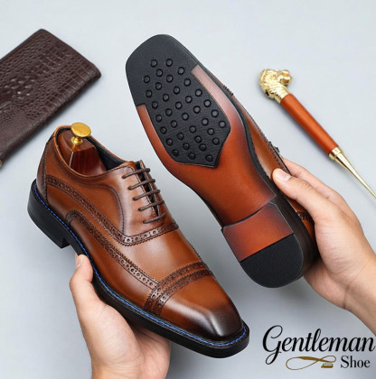 British Style Cap-Toe Brogue Leather Dress Shoes with Blue Stitching