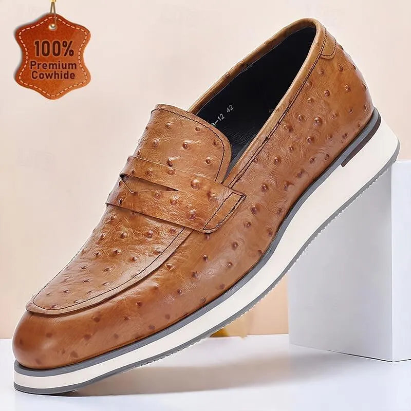 Men's Ostrich Leather Loafers - Luxurious Slip-On Dress Shoes with Textured Finish