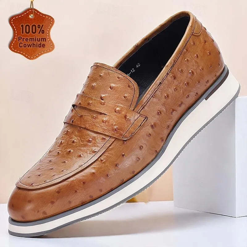 Men's Ostrich Leather Loafers - Luxurious Slip-On Dress Shoes with Textured Finish