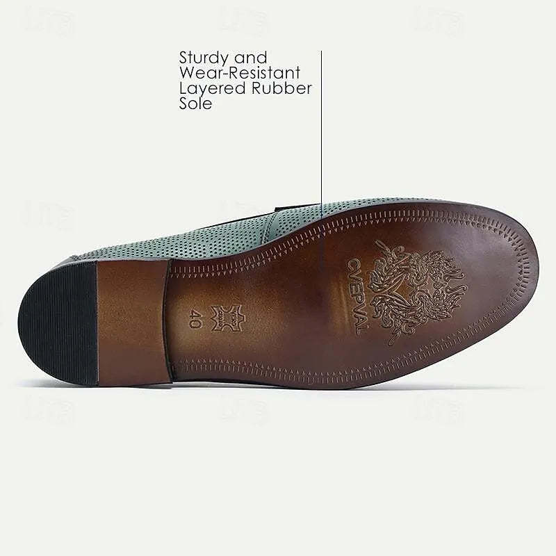 Men's Loafers Perforated Green Leather Silver Horsebit