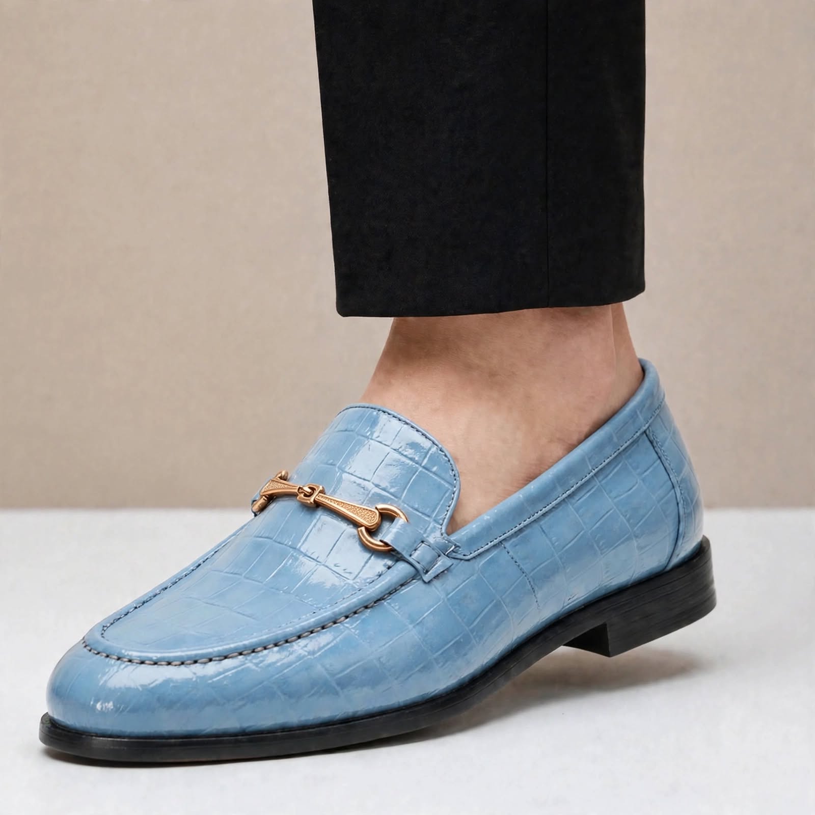 Men’s Crocodile Embossed Loafers with Gold Buckle – Multi-Color Dress Shoes