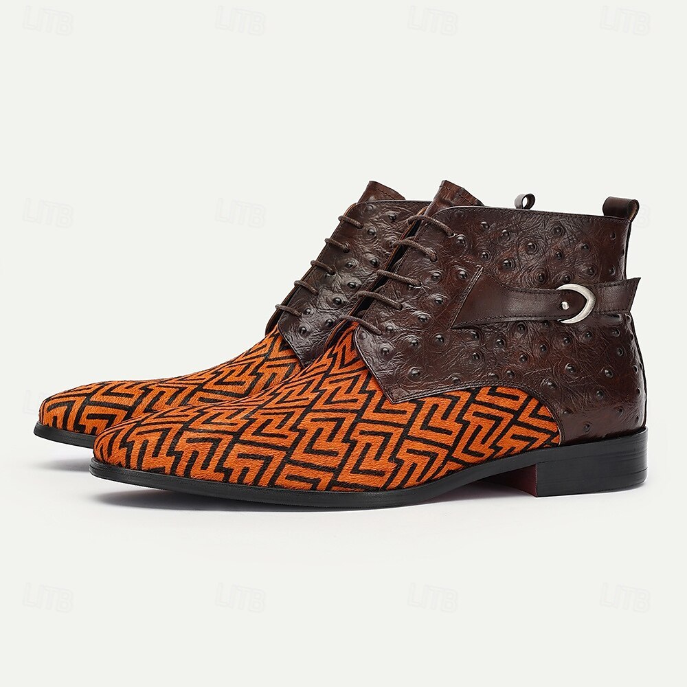 Men's Premium Cowhide Leather with Pony Hair Ankle Boots Geometric Pattern