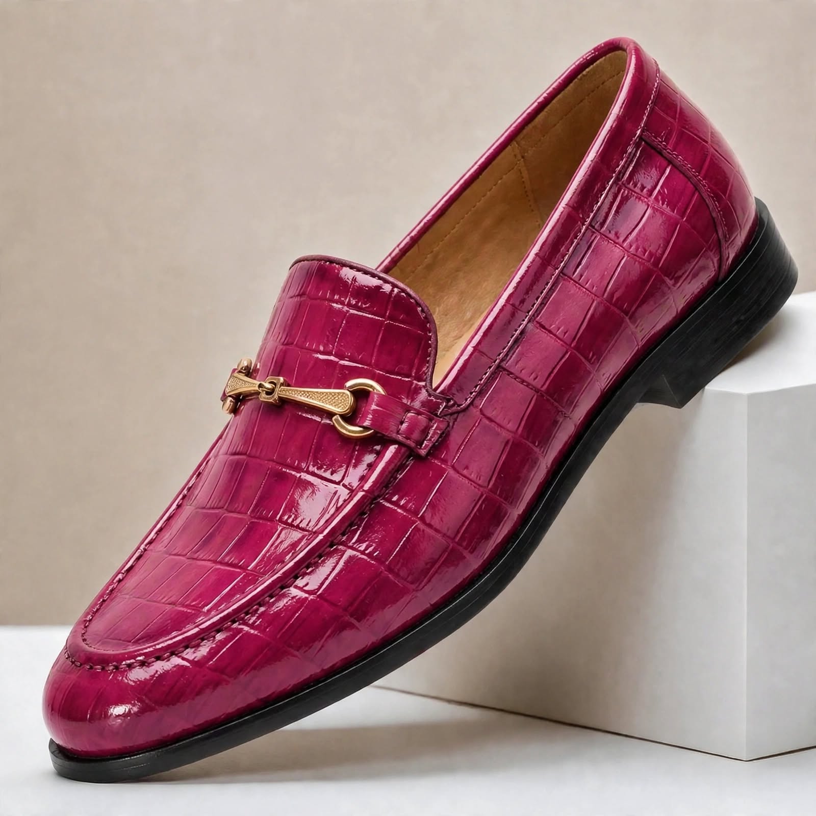 Men’s Crocodile Embossed Loafers with Gold Buckle – Multi-Color Dress Shoes