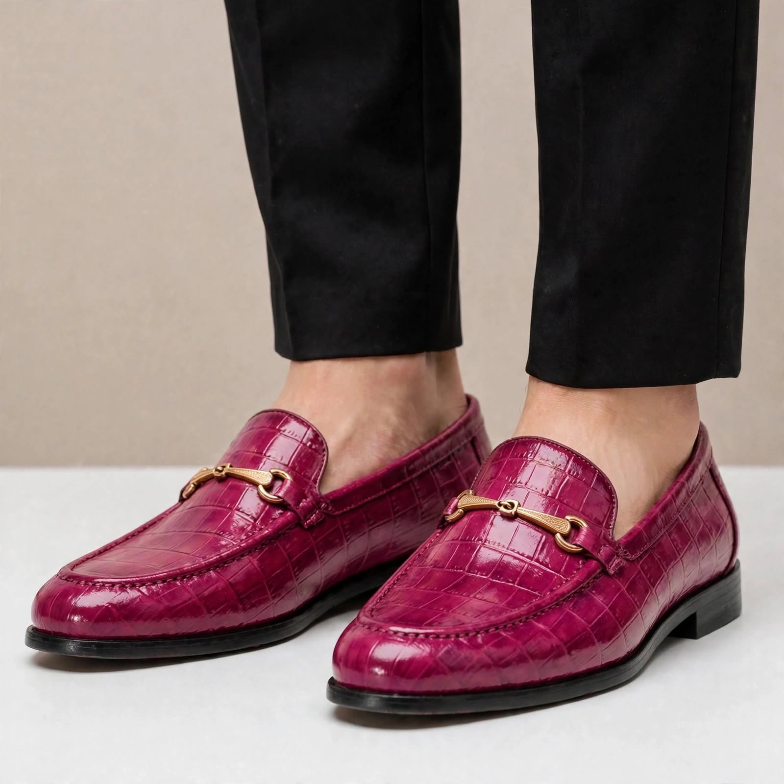Men’s Crocodile Embossed Loafers with Gold Buckle – Multi-Color Dress Shoes