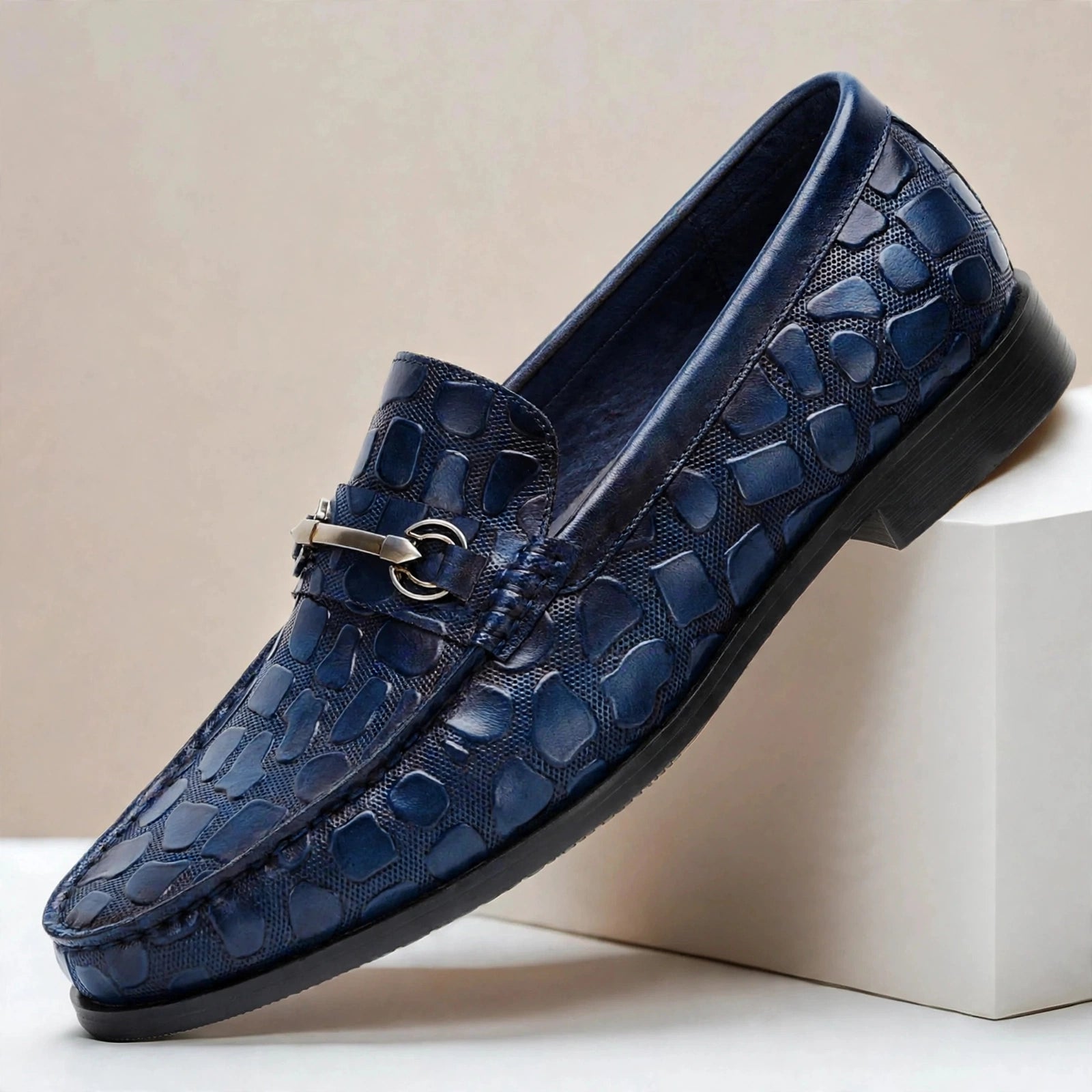 Men’s Crocodile Embossed Loafers with Gold Buckle – Multi-Color Dress Shoes