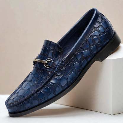 Men’s Crocodile Embossed Loafers with Gold Buckle – Multi-Color Dress Shoes