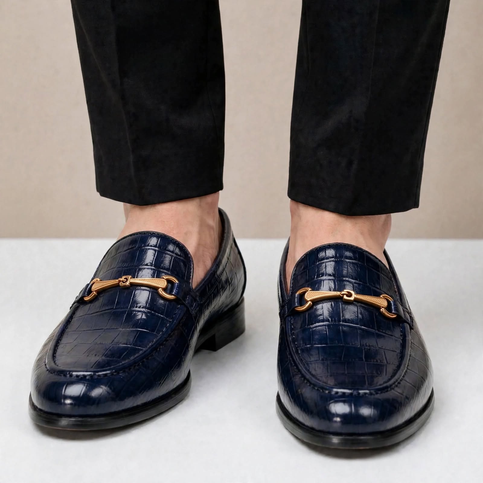 Men’s Crocodile Embossed Loafers with Gold Buckle – Multi-Color Dress Shoes