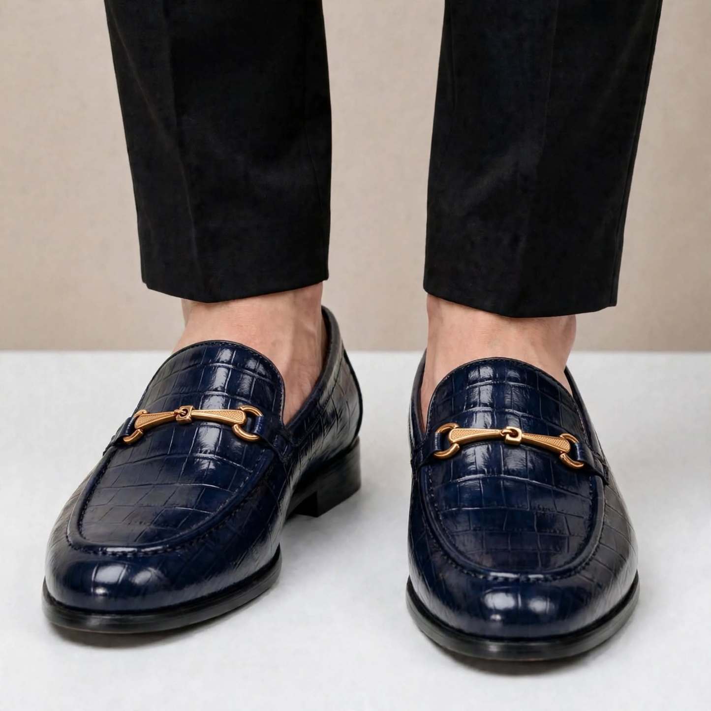 Men’s Crocodile Embossed Loafers with Gold Buckle – Multi-Color Dress Shoes