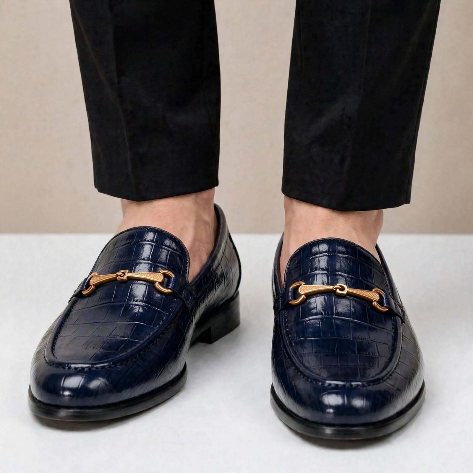 Men’s Crocodile Embossed Loafers with Gold Buckle – Multi-Color Dress Shoes