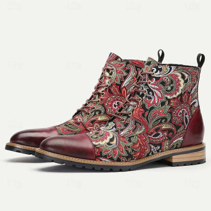 Men’s Premium Leather Floral Oxford Boots Vintage Paisley Design