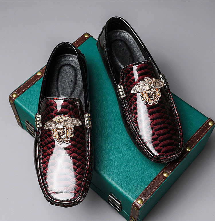 Patent Leather Snake Print Driving Loafer Lazy Shoes for Men