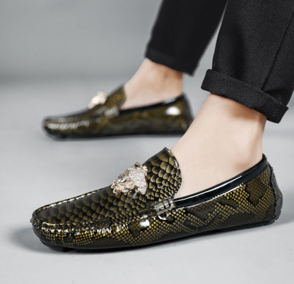 Patent Leather Snake Print Driving Loafer Lazy Shoes for Men