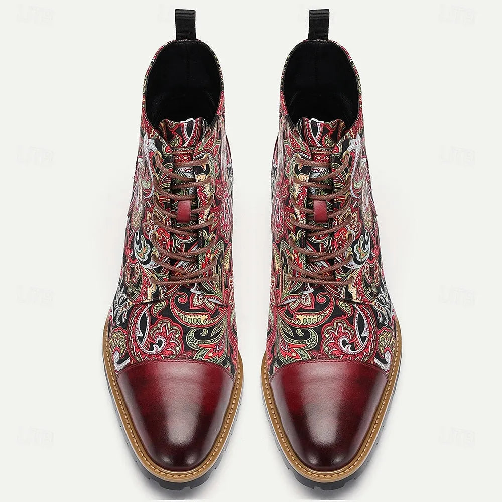 Men’s Premium Leather Floral Oxford Boots Vintage Paisley Design