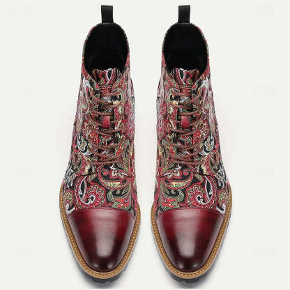 Men’s Premium Leather Floral Oxford Boots Vintage Paisley Design