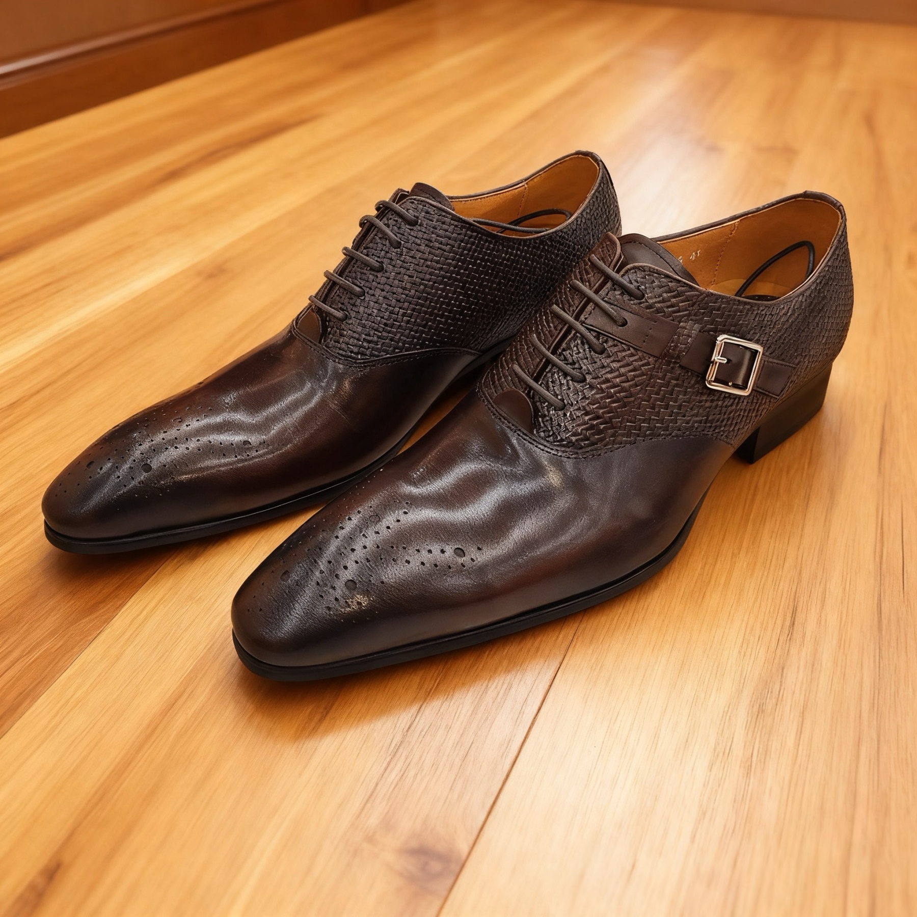 Men's Summer Genuine Leather Lace-Up Metal Buckle Brogue Oxford Shoes