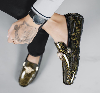 Patent Leather Snake Print Driving Loafer Lazy Shoes for Men