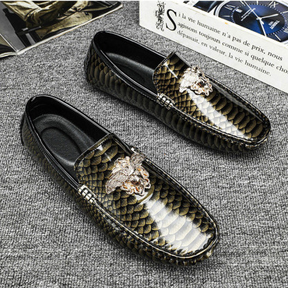 Patent Leather Snake Print Driving Loafer Lazy Shoes for Men