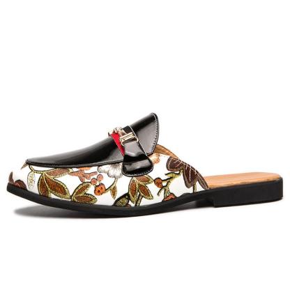 Men's Hawaiian Style Metal Buckle Printed Leather Half Loafers