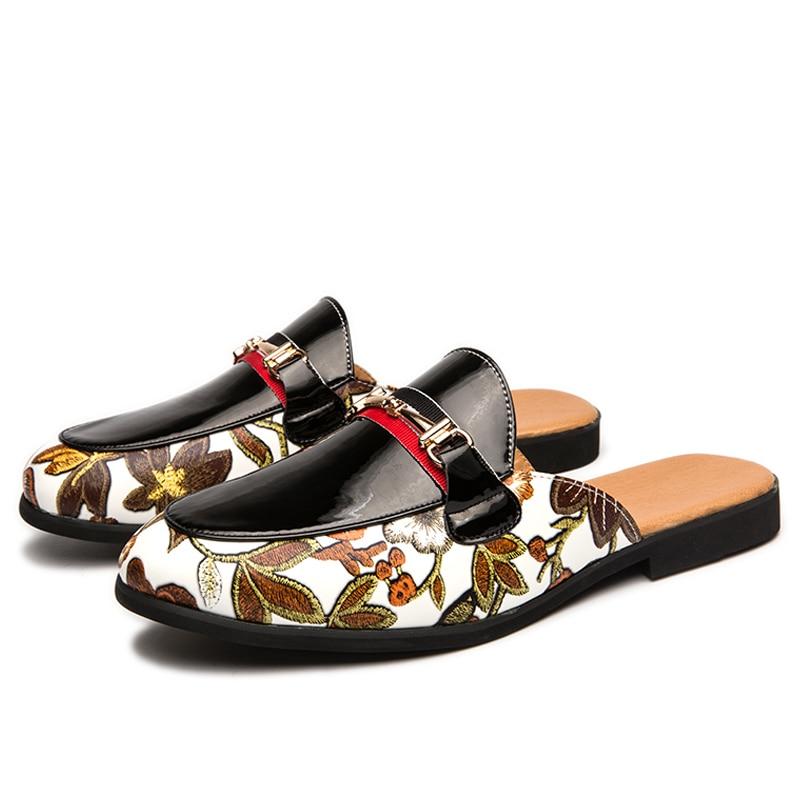 Men's Hawaiian Style Metal Buckle Printed Leather Half Loafers